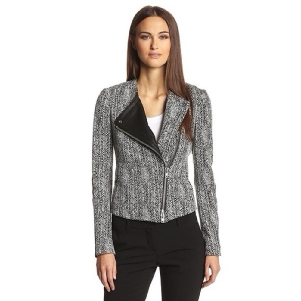 Theory Black and Gray Tweed Asymmetrical Zip Blazer 653